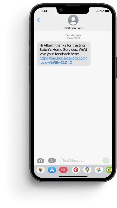 - Housecall Pro Iphone mock up screenshot of follow up sms text with review link