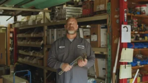 Plumbing pro holds wrench at warehouse