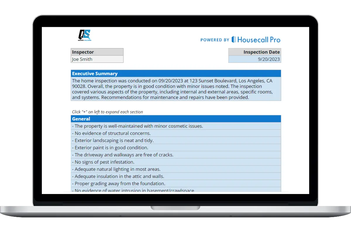 A laptop screen displaying a QuickFix Solutions inspection report powered by Housecall Pro, detailing an inspection on 9/20/2023 with sections for an Executive Summary and General observations.