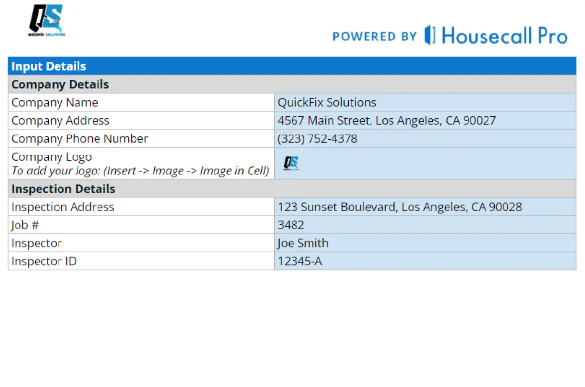 A digital form titled "Input Details" for QuickFix Solutions, powered by Housecall Pro, displaying company contact information and inspection specifics including the address at 123 Sunset Boulevard, Job #3482, and inspector Joe Smith.