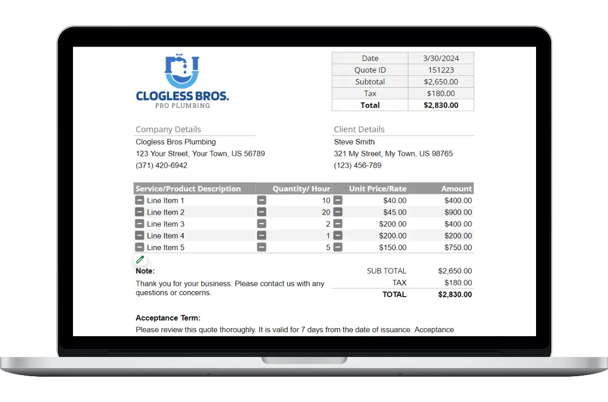 Plumbing Quote Template Housecall Pro