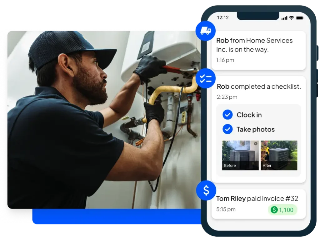 - Housecall Pro Pro tightens pipe with red wrench + plumbing software from Housecall Pro mobile view
