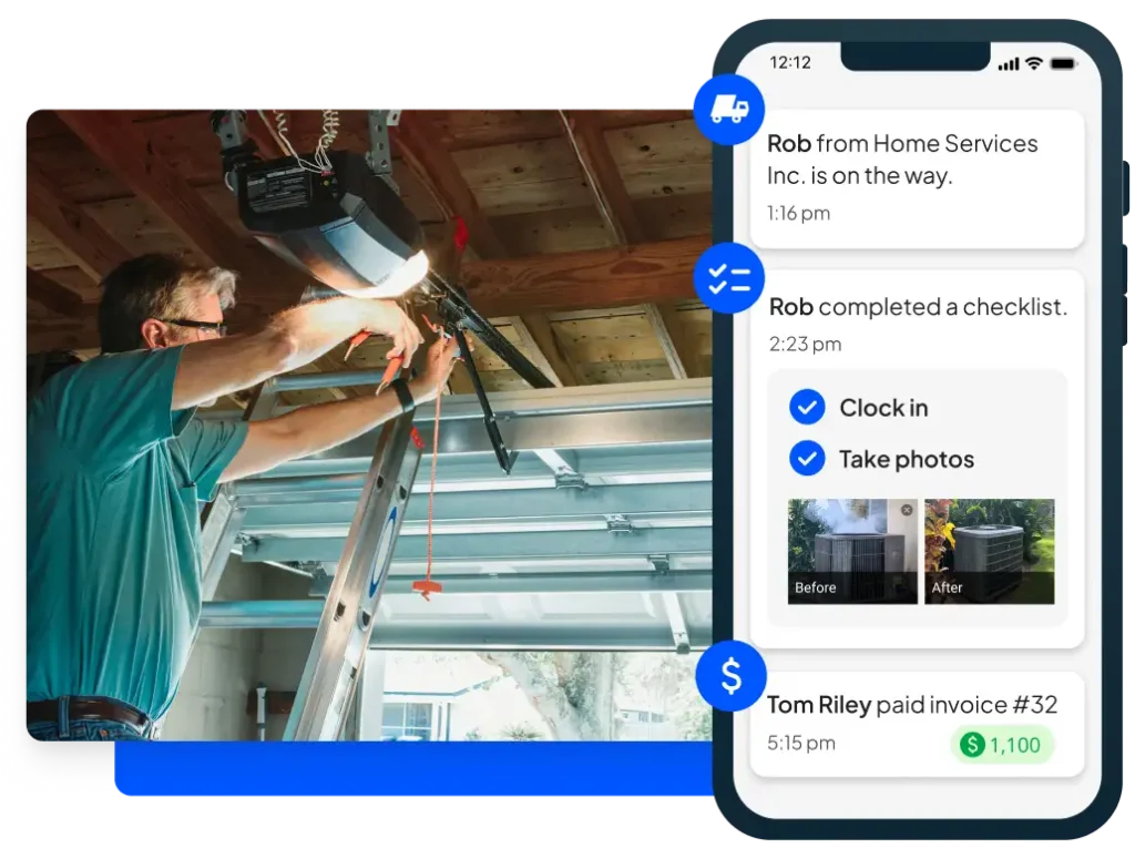 Pro services garage door motor + Housecall Pros' software mobile view