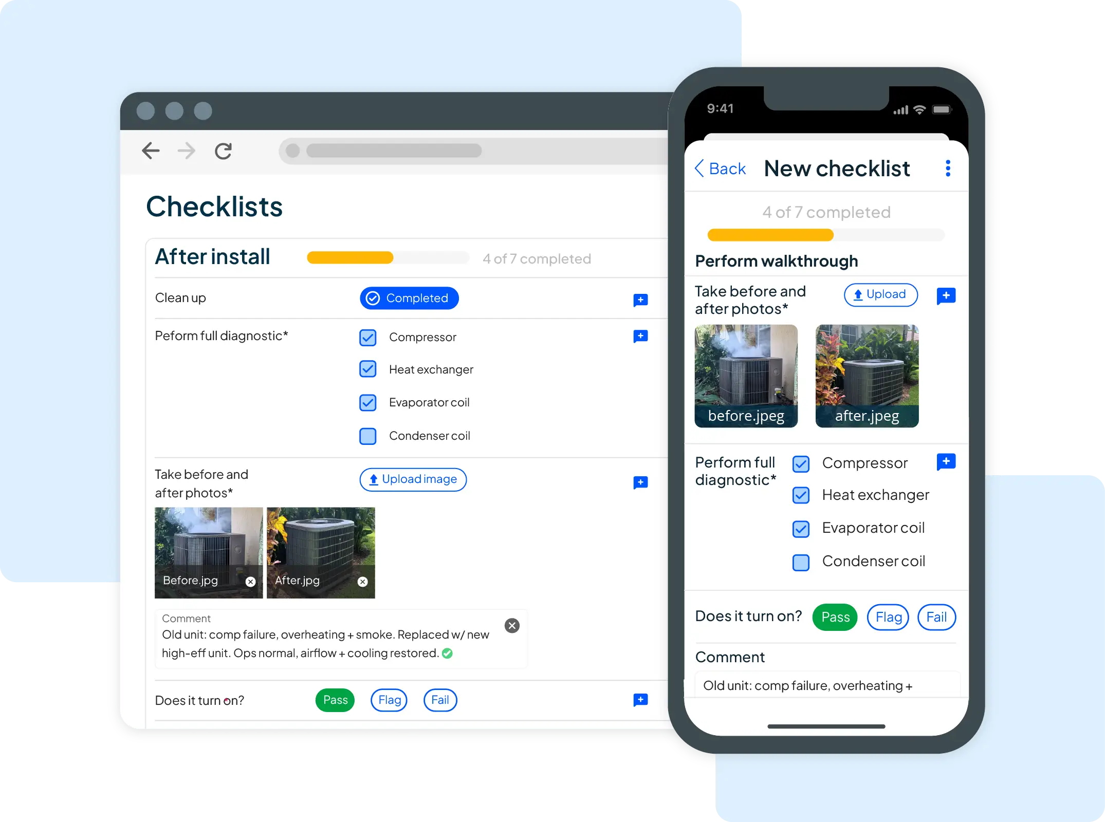 Mobile and desktop screens of new HVAC unit install with checklists progress that include before and after photos inside of HCP