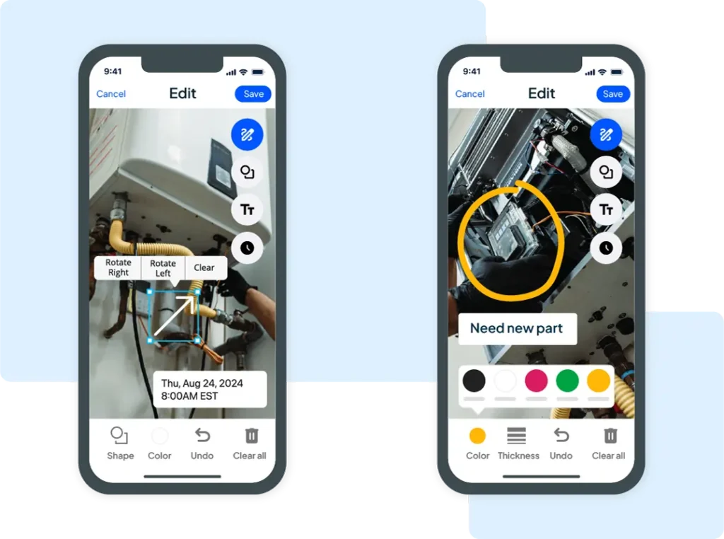 - Housecall Pro Two smartphone screens showing photo markup tools used to document an HVAC repair