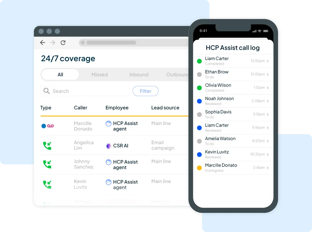 24/7 call answering service log inside of HCP assist
