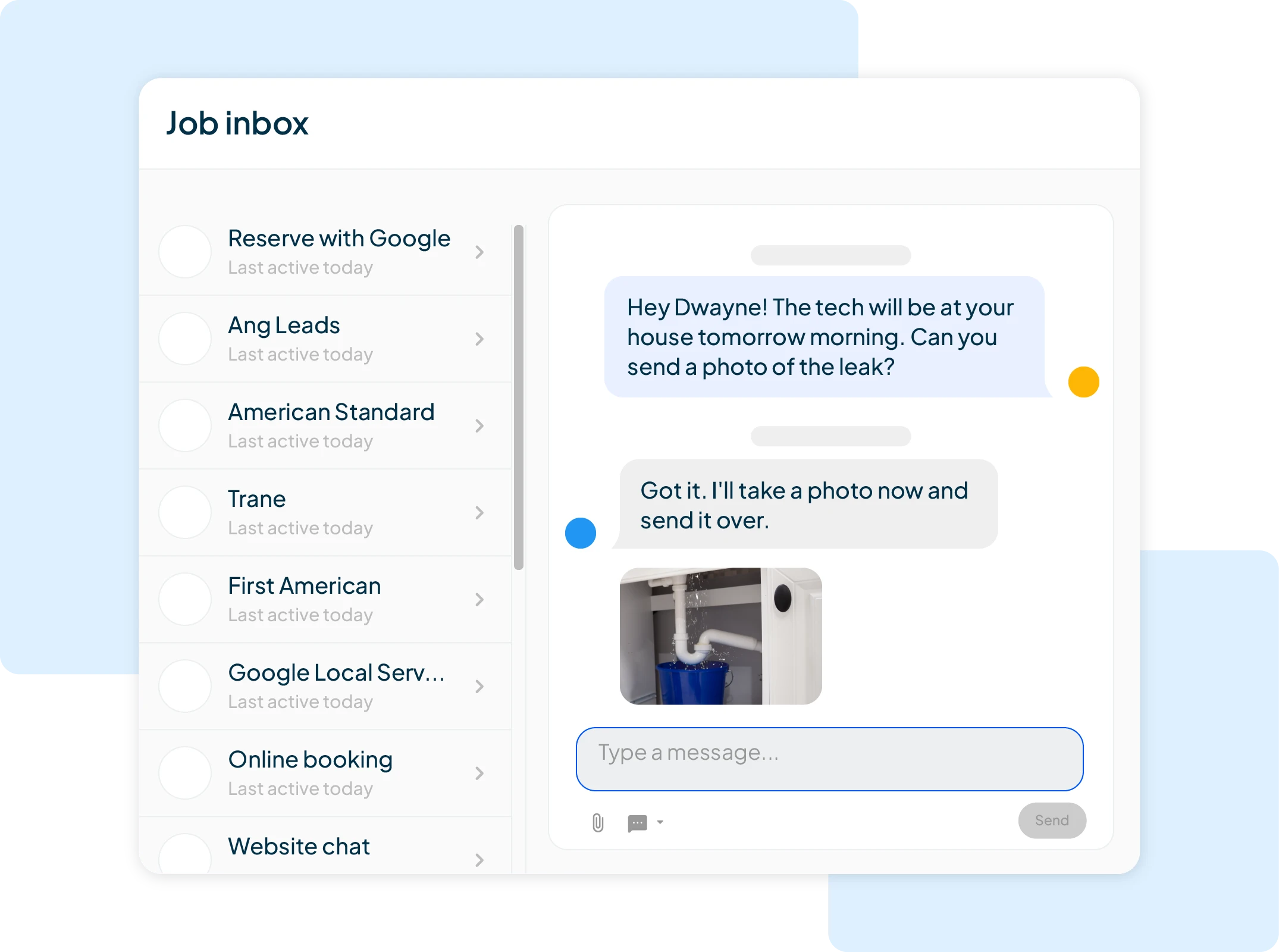 Job inbox chat with plumbing leak photo