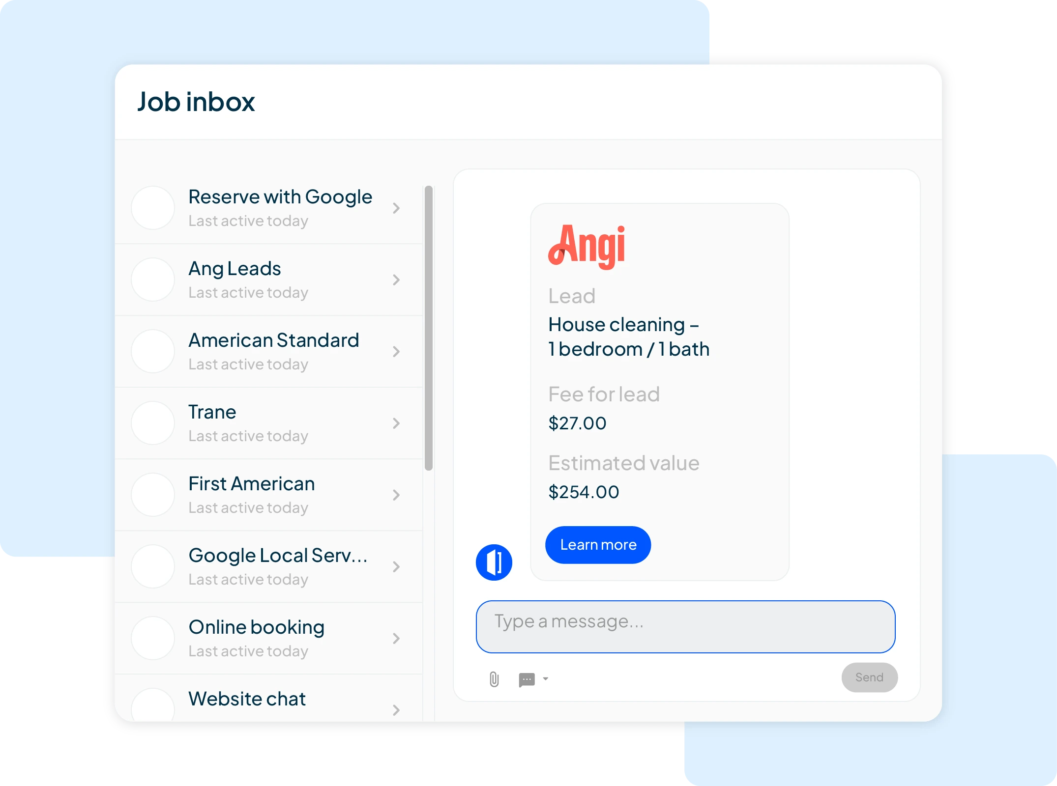Job inbox in HCP with house cleaning lead notification from Angi
