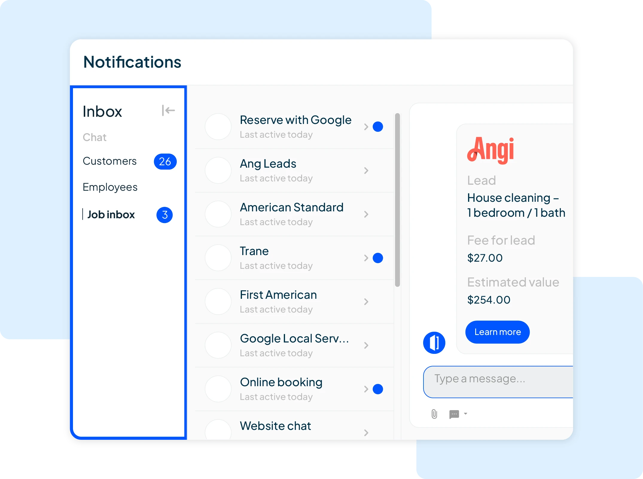Notification from customers, employees inside of HCP's job inbox