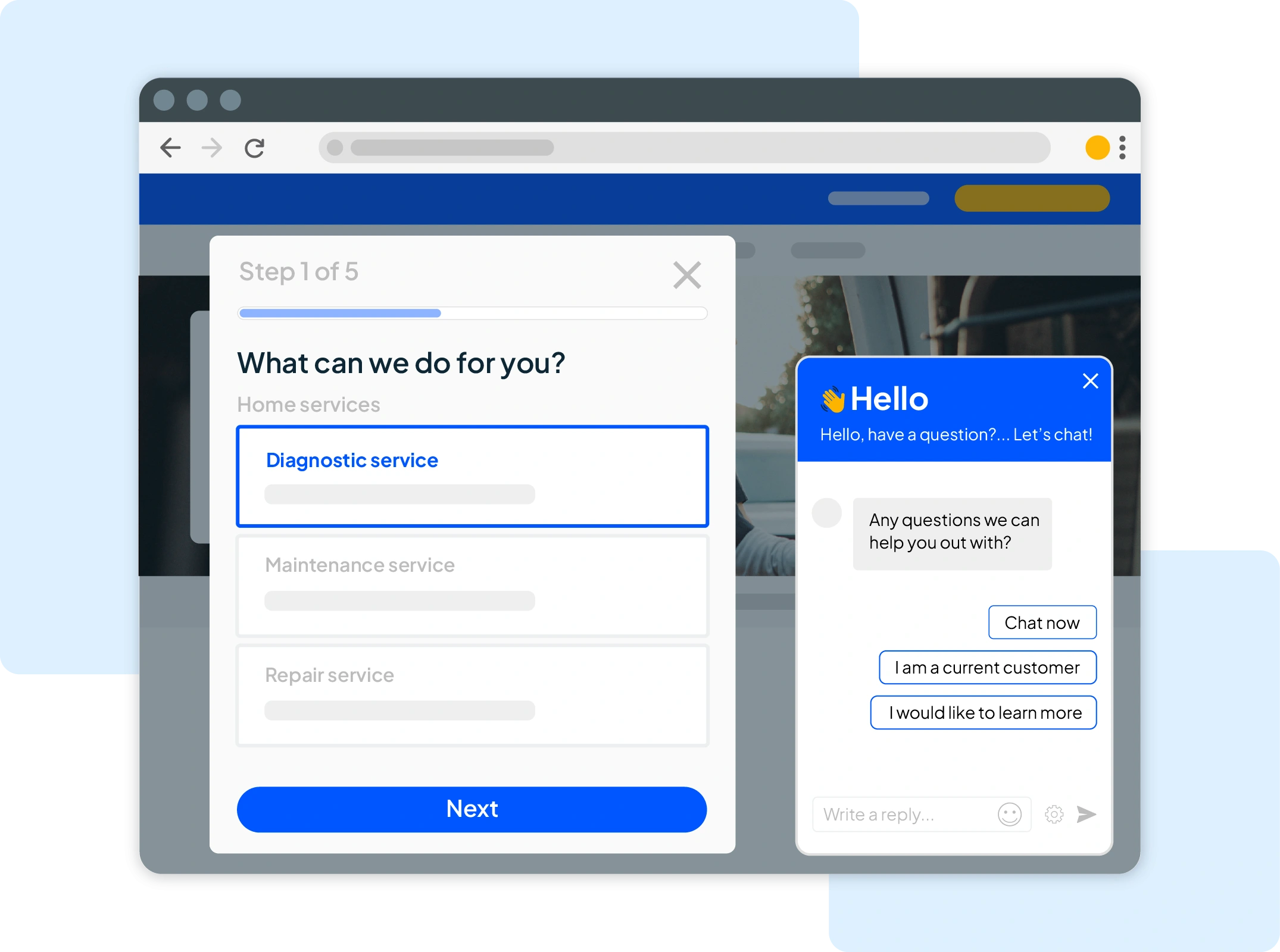 Website chat bubble with custom lead forms for home services