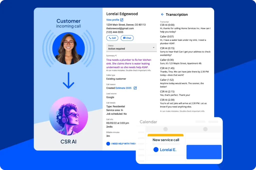 Housecall Pros' CSR AI tool forwarding incoming call from customer 
