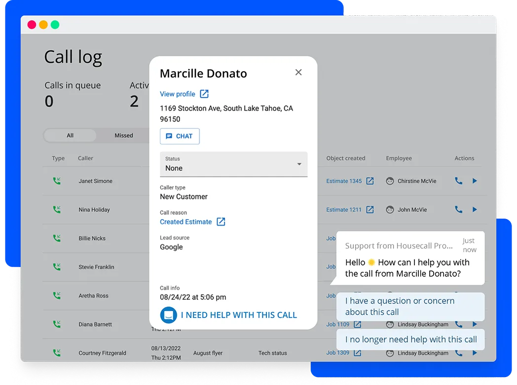 Call log details inside of Housecall Pro