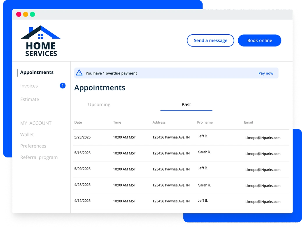 Appointment history inside of HCPs customer portal software