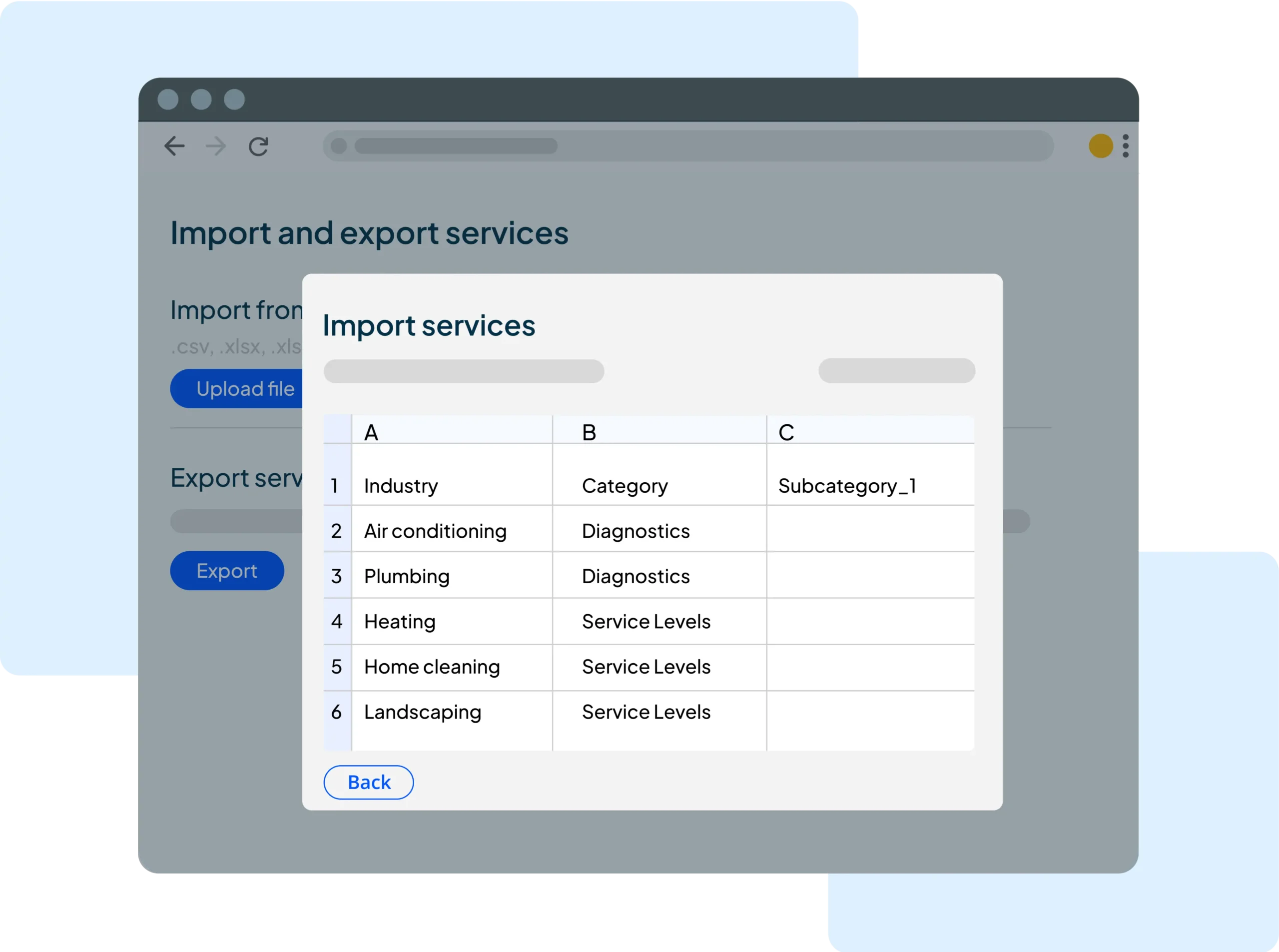 Import and export services dashboard inside of HCP pricebook software