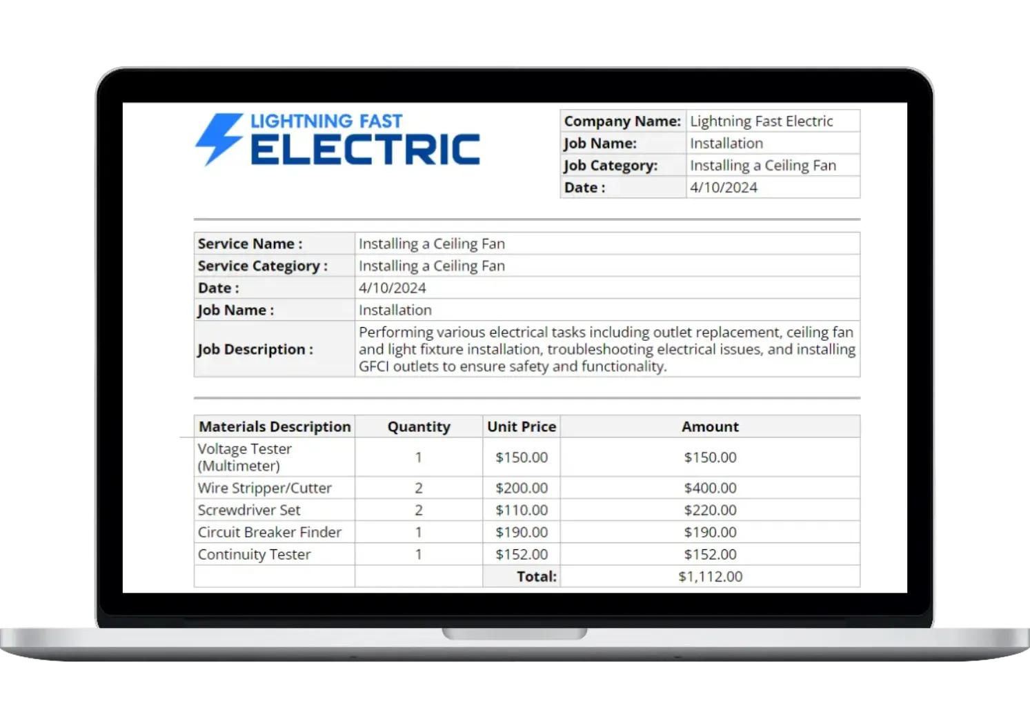 laptop showing electrical flat rate pricing template mockup, made by Housecall Pro