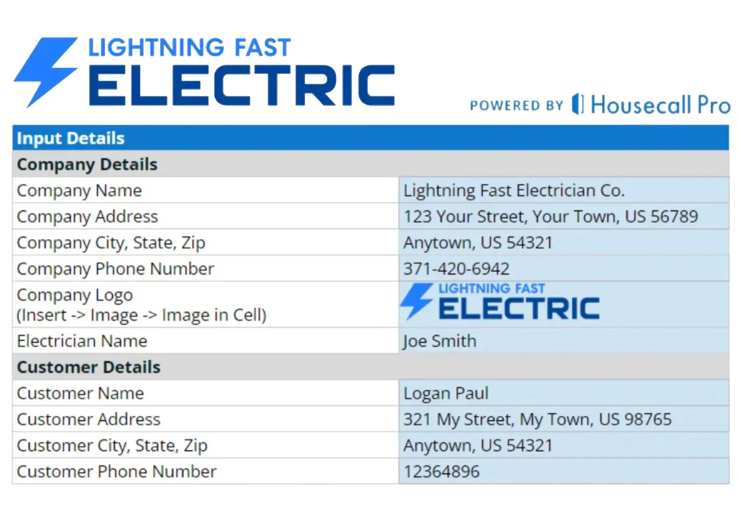 example details of input details for electrical invoice