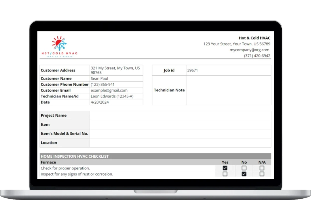 laptop showing image of the free HVAC home inspection template made by Housecall Pro