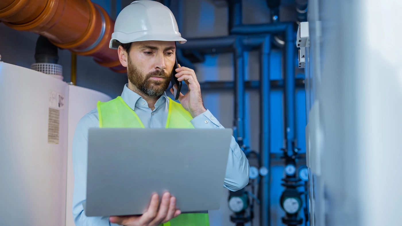 A technician talking on the phone while holding a laptop