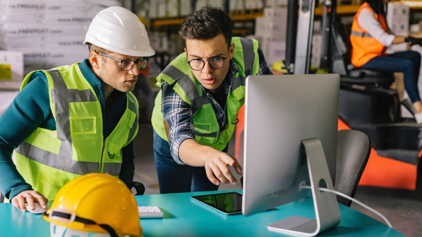 two pros in safety vests looking at a computer screen.
