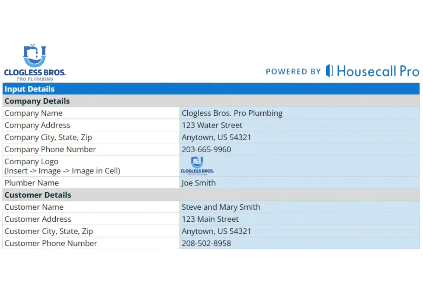details of input details for plumbing invoice