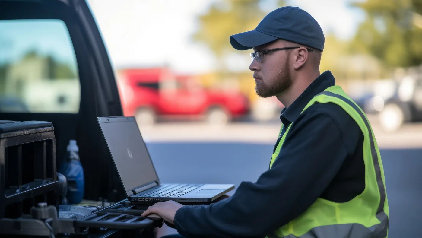 An HVAC technician wearing a safety vest and cap sits in his work van, running diagnostics on a laptop to service a heating and cooling system.