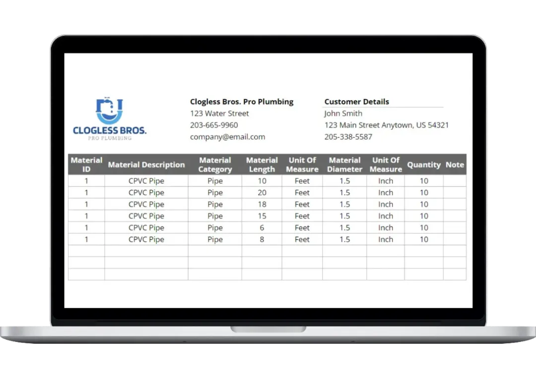 Free plumbing material list template from Housecall Pro