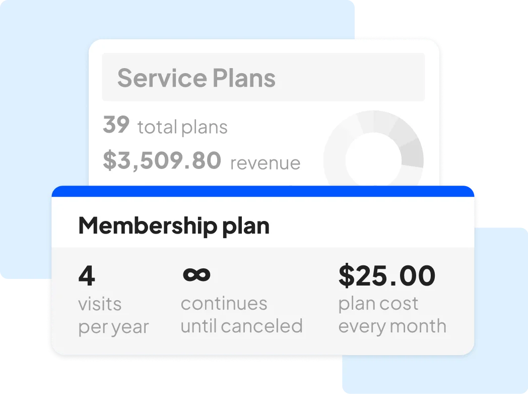 Housecall Pro service plan dashboard showing recurring memberships and monthly revenue.