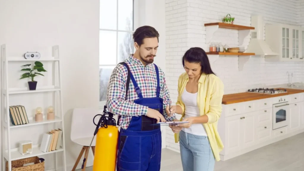 A professional pest control technician discusses the service quote on a clipboard with a female homeowner in her kitchen, before starting the fumigation treatment.