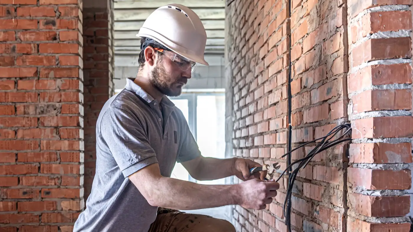 Electrician wearing safety helmet and goggles installing electrical wiring on a brick wall