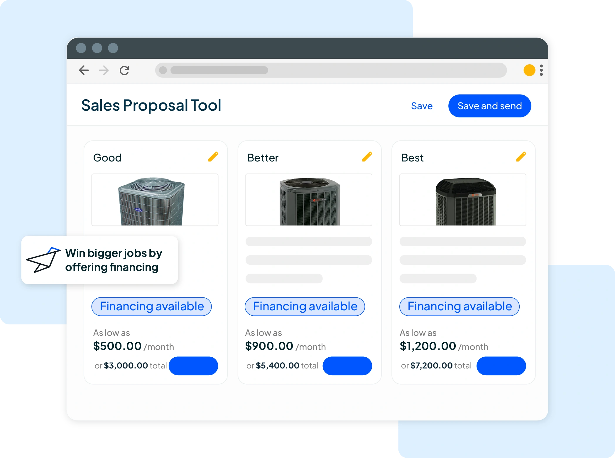 "Good, better, best" HVAC sales presentation with financing product intimation