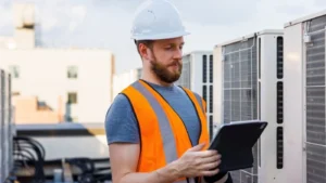 pro is standing and using tablet