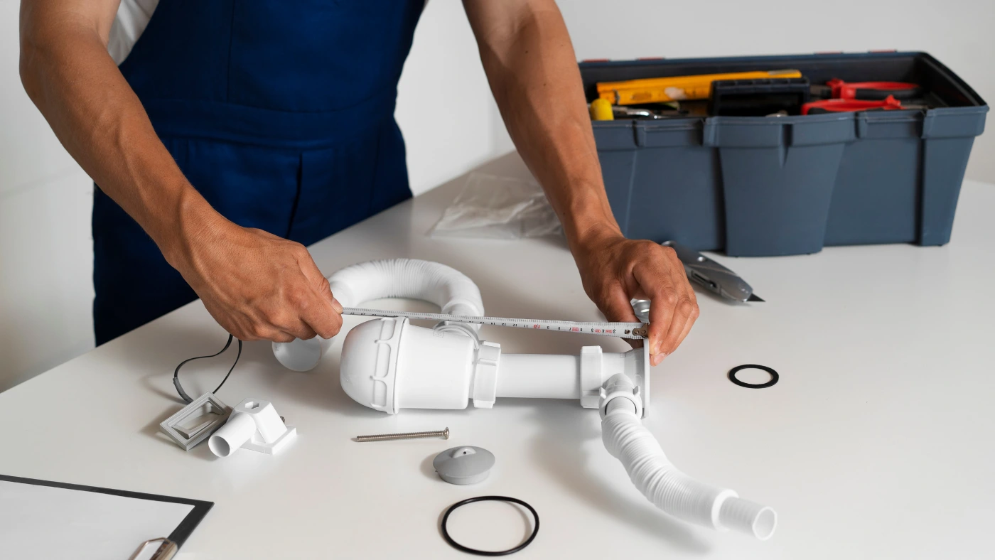 Plumber measuring PVC pipe for installation with toolbox and plumbing parts
