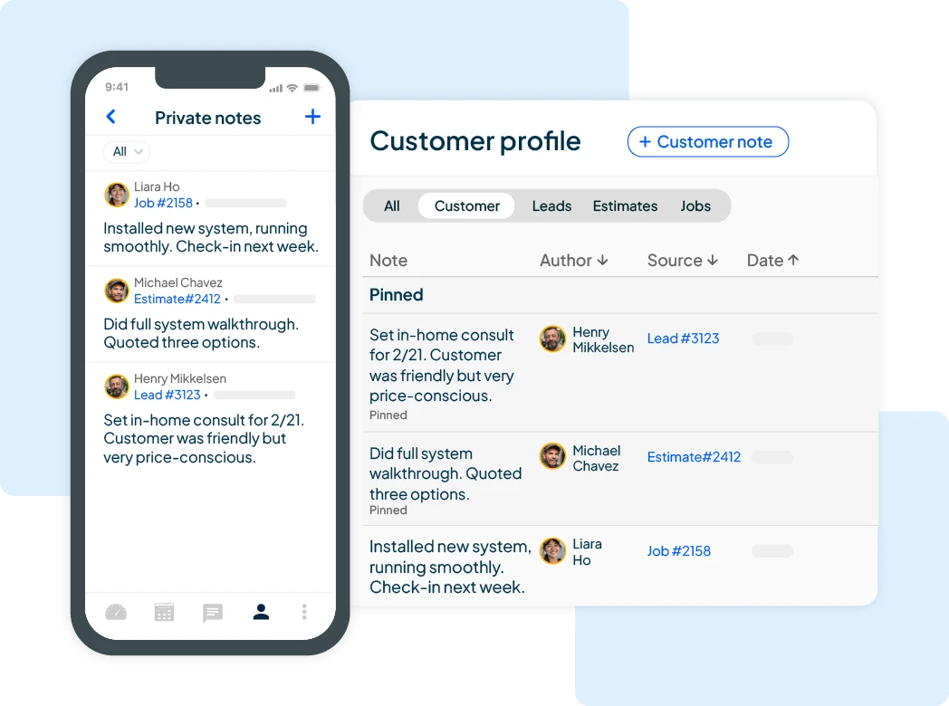 HCPs electrician CRM software displays customer profile along with private notes