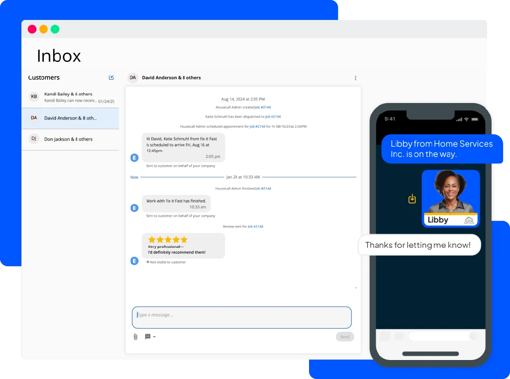 Electrician CRM software with customer inbox messaging thread