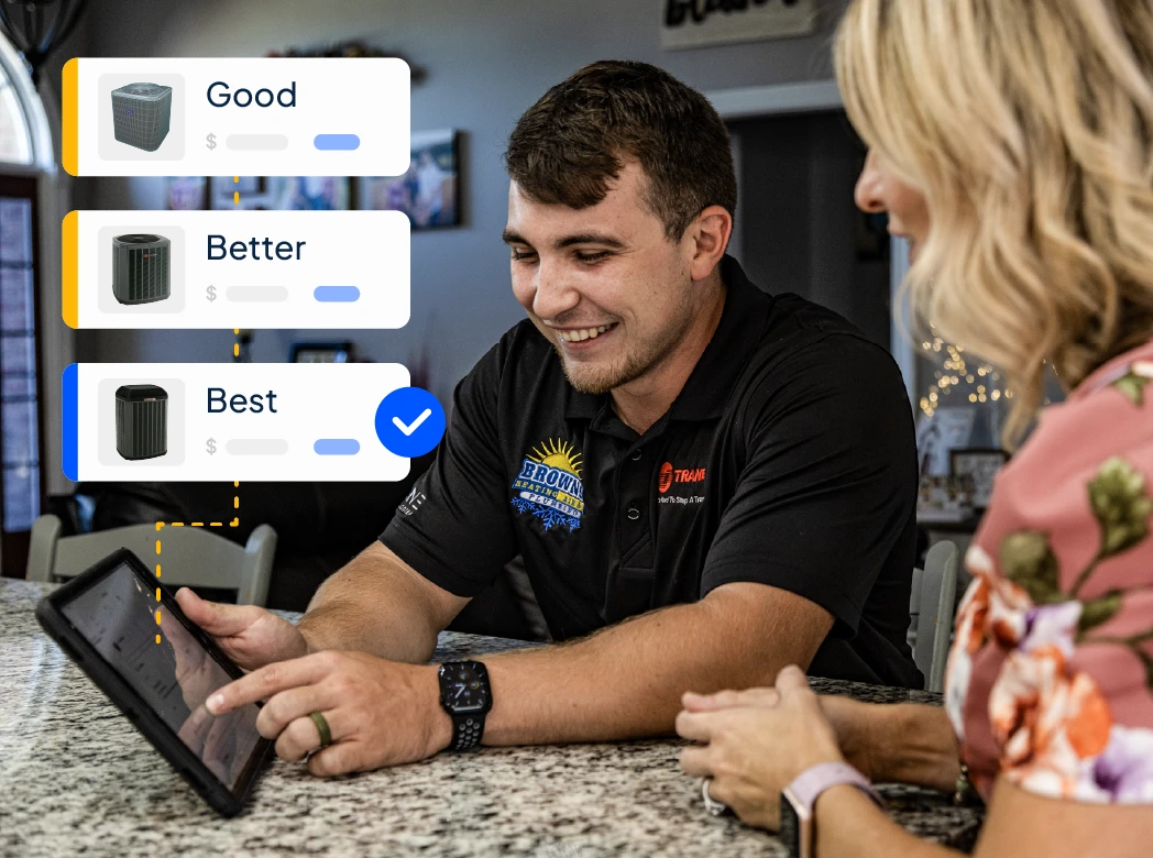 HVAC pro shows female customer pricing estimates on tablet