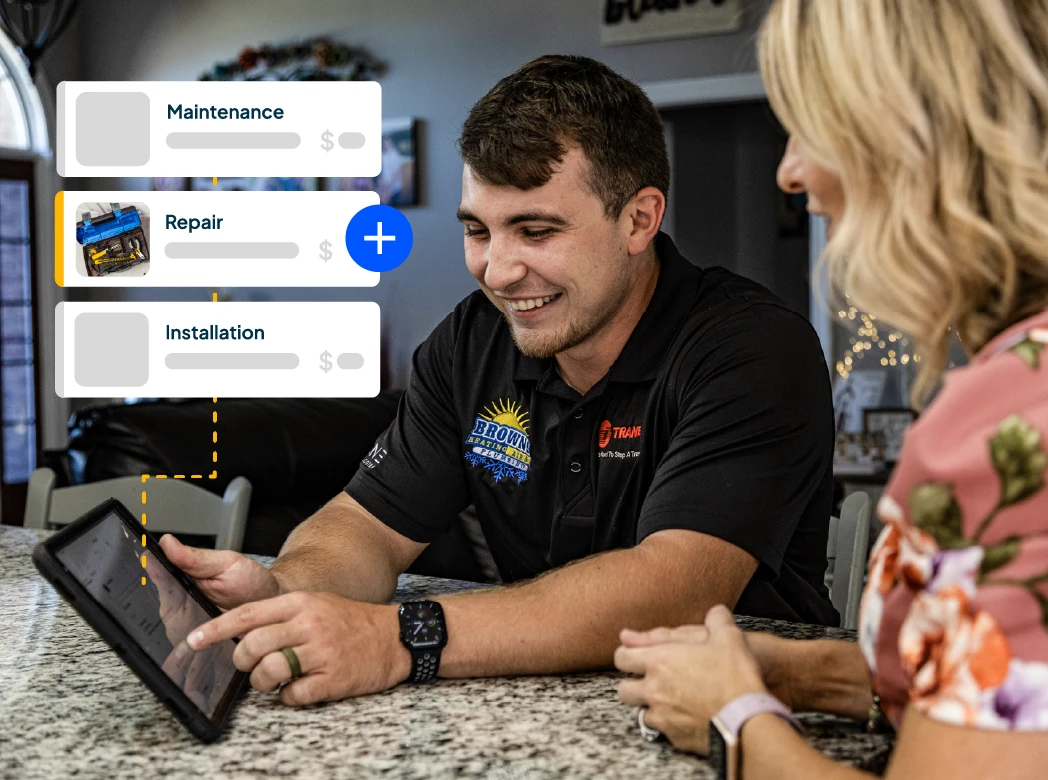 HVAC pro shows customer flat rate pricing on tablet