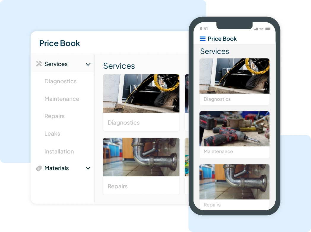 Flat rate price book with visual plumbing service options