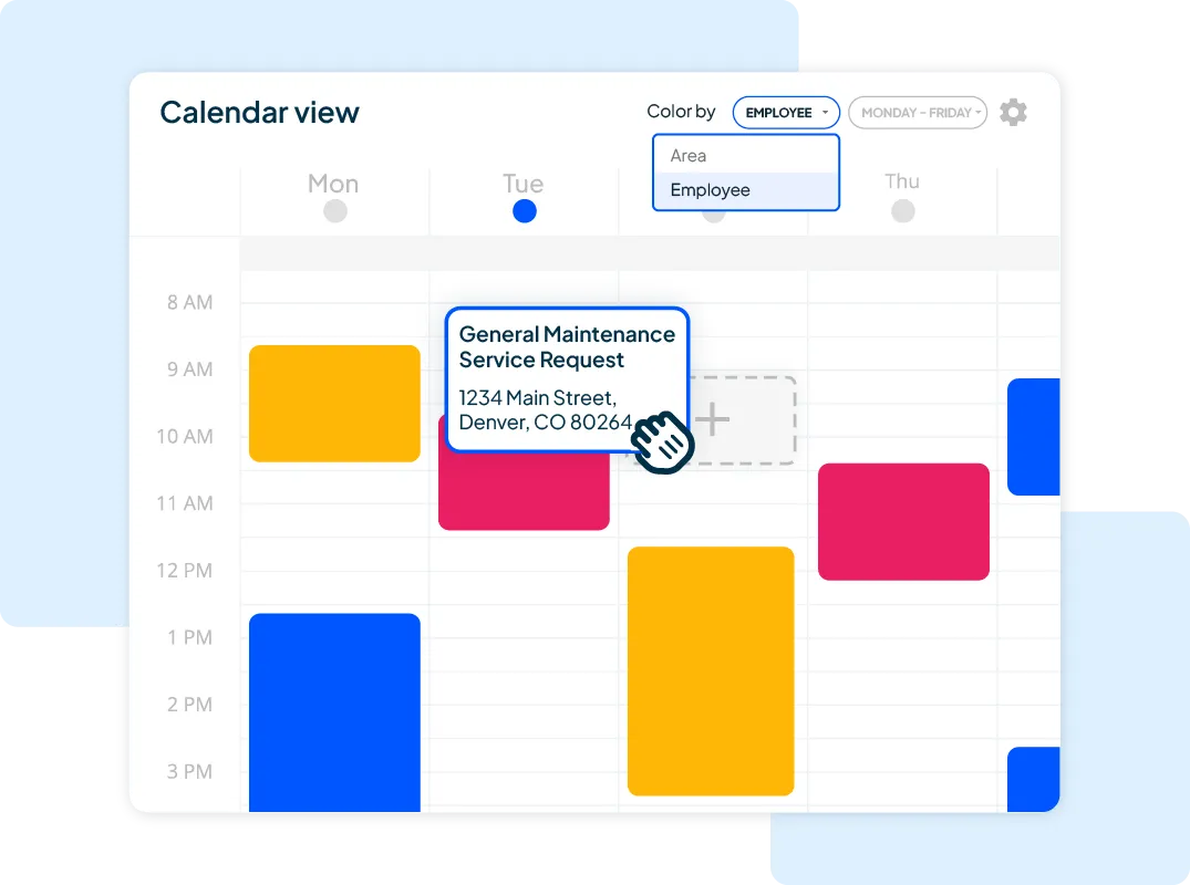 Service industry drag and drop scheduling software with color coded calendar view within Housecall Pro's field service management software