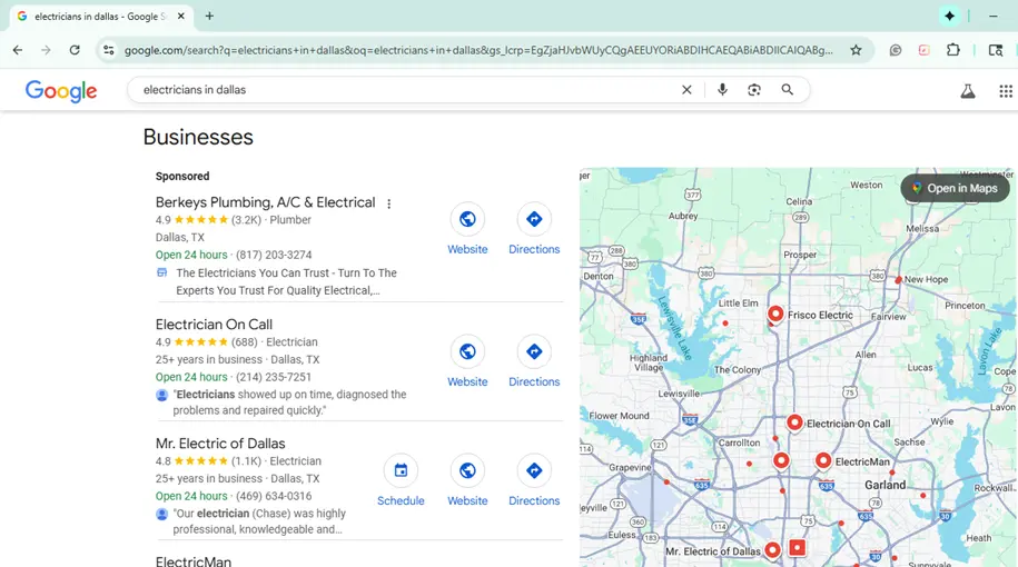 - Housecall Pro Google search results showing electricians in Dallas with a map and listings for local businesses.