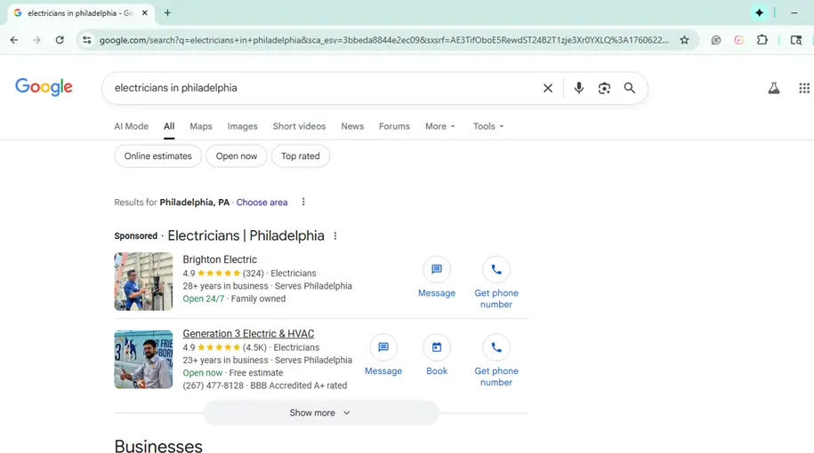 - Housecall Pro Google search results showing electricians in Philadelphia with top ads and ratings.