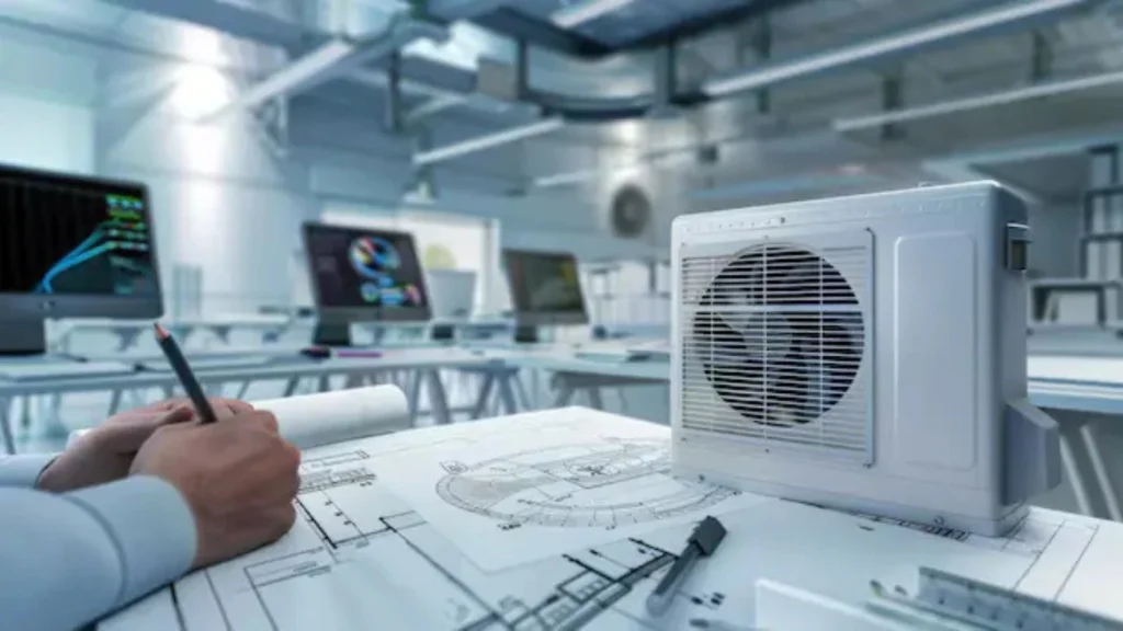 HVAC engineer drafting system plans beside an air conditioning unit and computer screens.