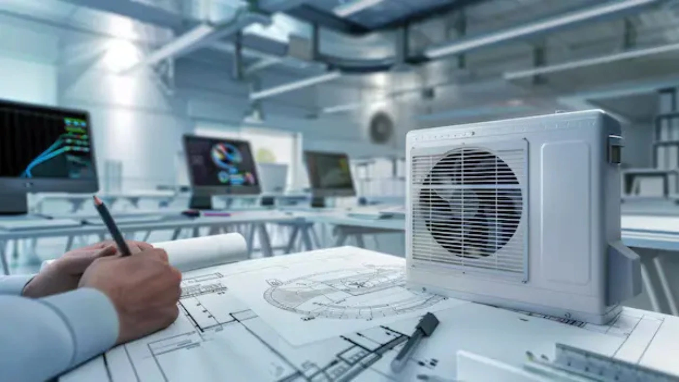 HVAC engineer drafting system plans beside an air conditioning unit and computer screens.