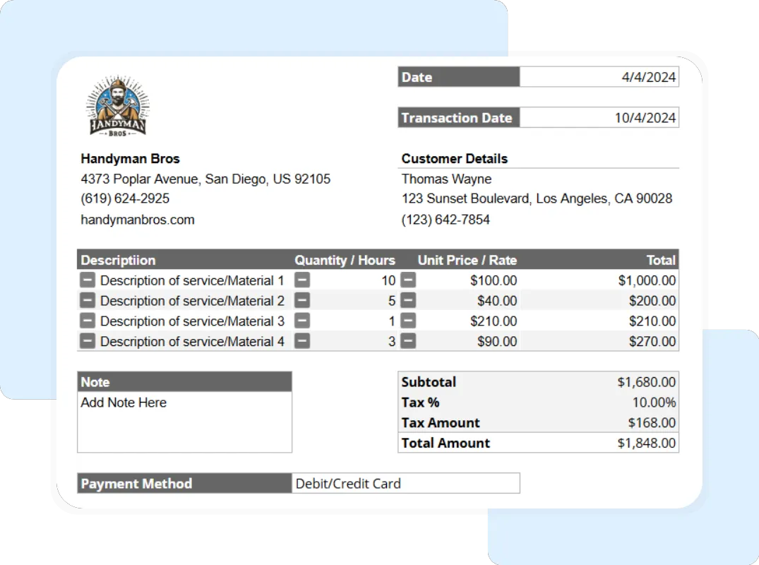Handyman service receipt example with labor, materials, subtotal, and tax calculation powered by Housecall Pro.