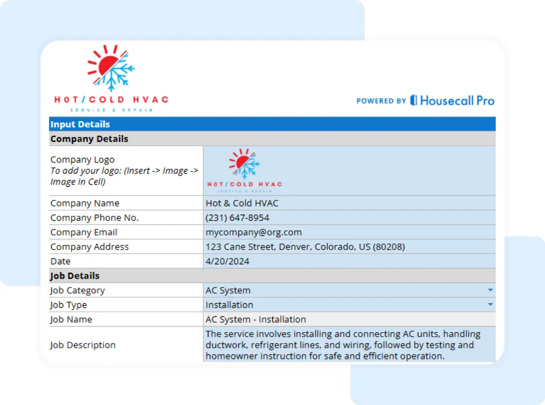 HVAC flat rate pricing template showing system component bundle, insulation, duct sealant, and material cost powered by Housecall Pro.