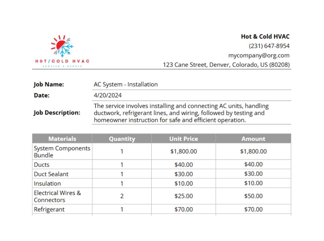 Flat rate HVAC pricing chart showing installation materials, quantities, and costs for efficient HVAC job estimates.