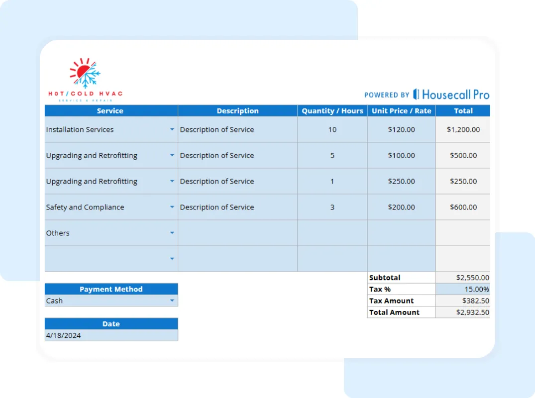 Editable HVAC receipt spreadsheet showing installation, retrofitting, and safety service costs with tax calculation.