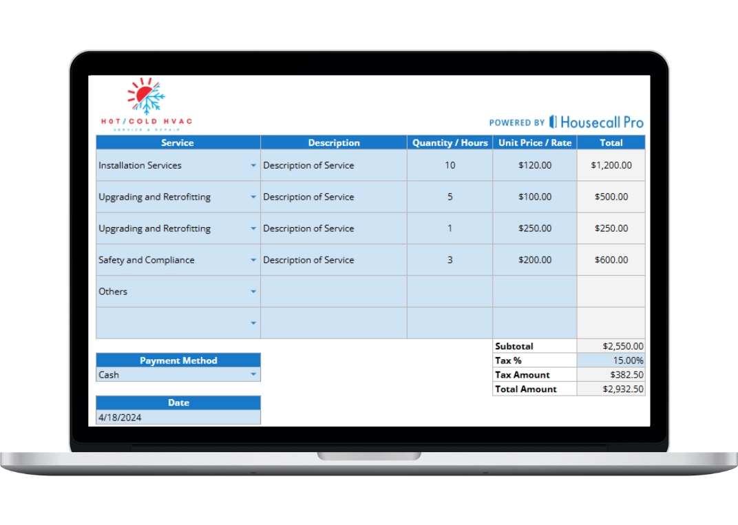 Digital HVAC service receipt template displayed on laptop powered by Housecall Pro for heating and cooling businesses.