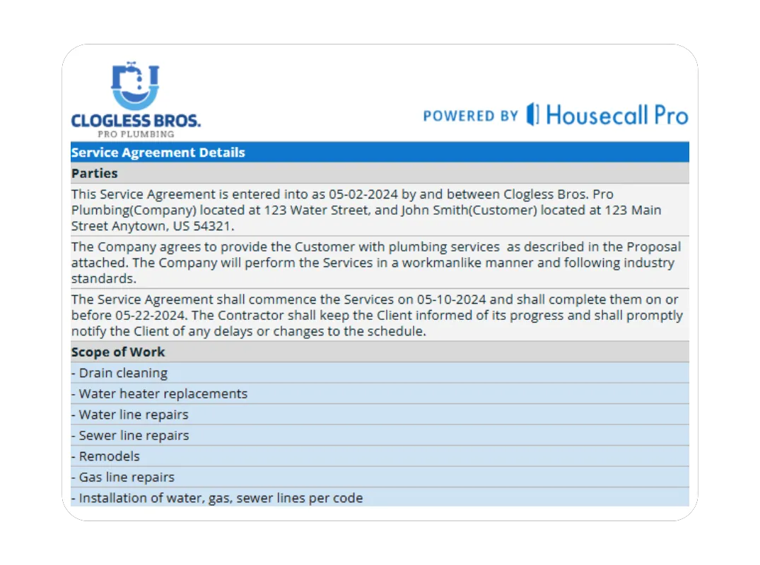 Plumbing service agreement sample document powered by Housecall Pro.