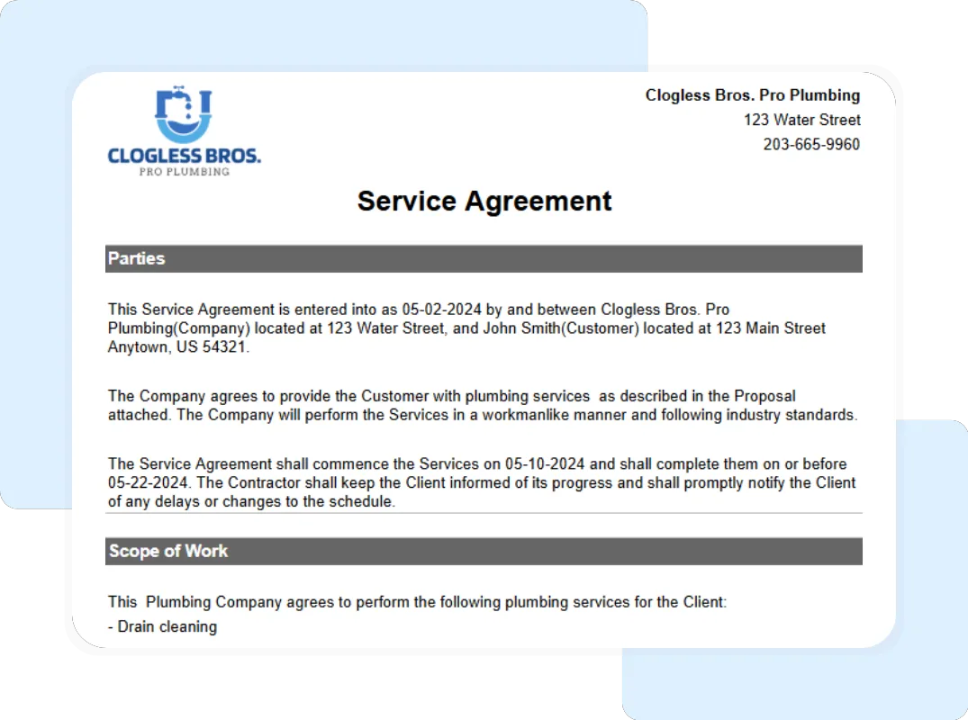 Completed plumbing service agreement preview with job description and timeline.