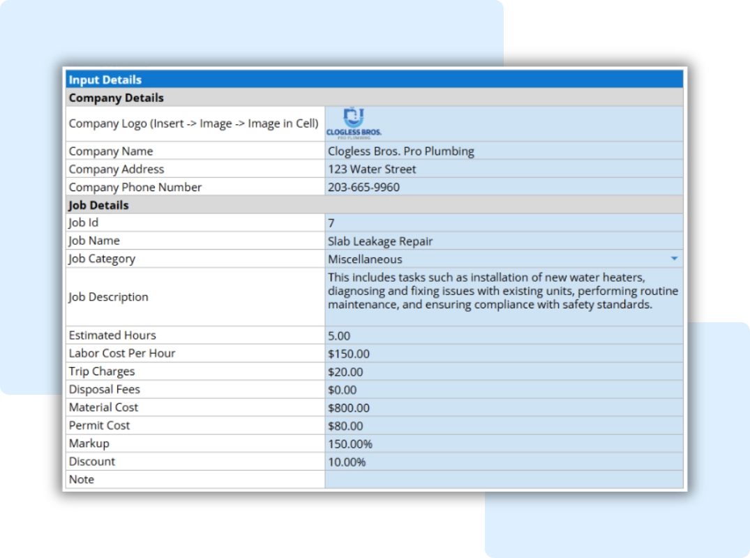plumbing price list template getting started tab